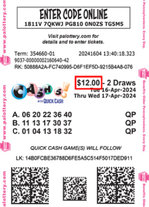 Cash 5 with Quick Cash sample ticket