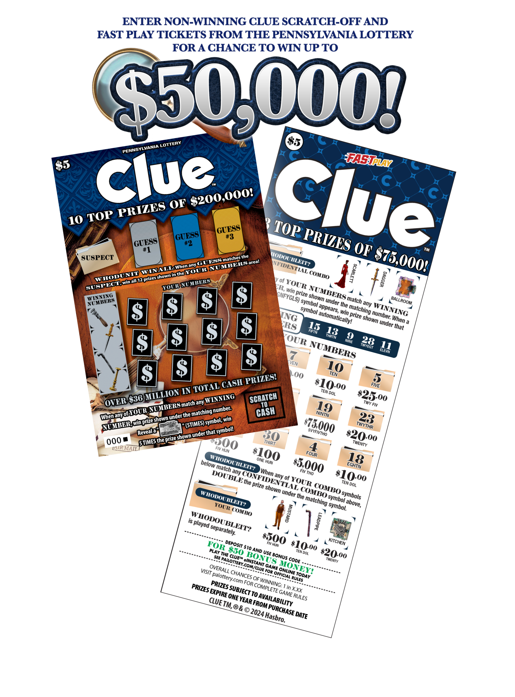 Enter Non-Winning Clue Scratch-Off and Fast Play tickets from the Pennsylvania Lottery for a chance to win up to $50,000!