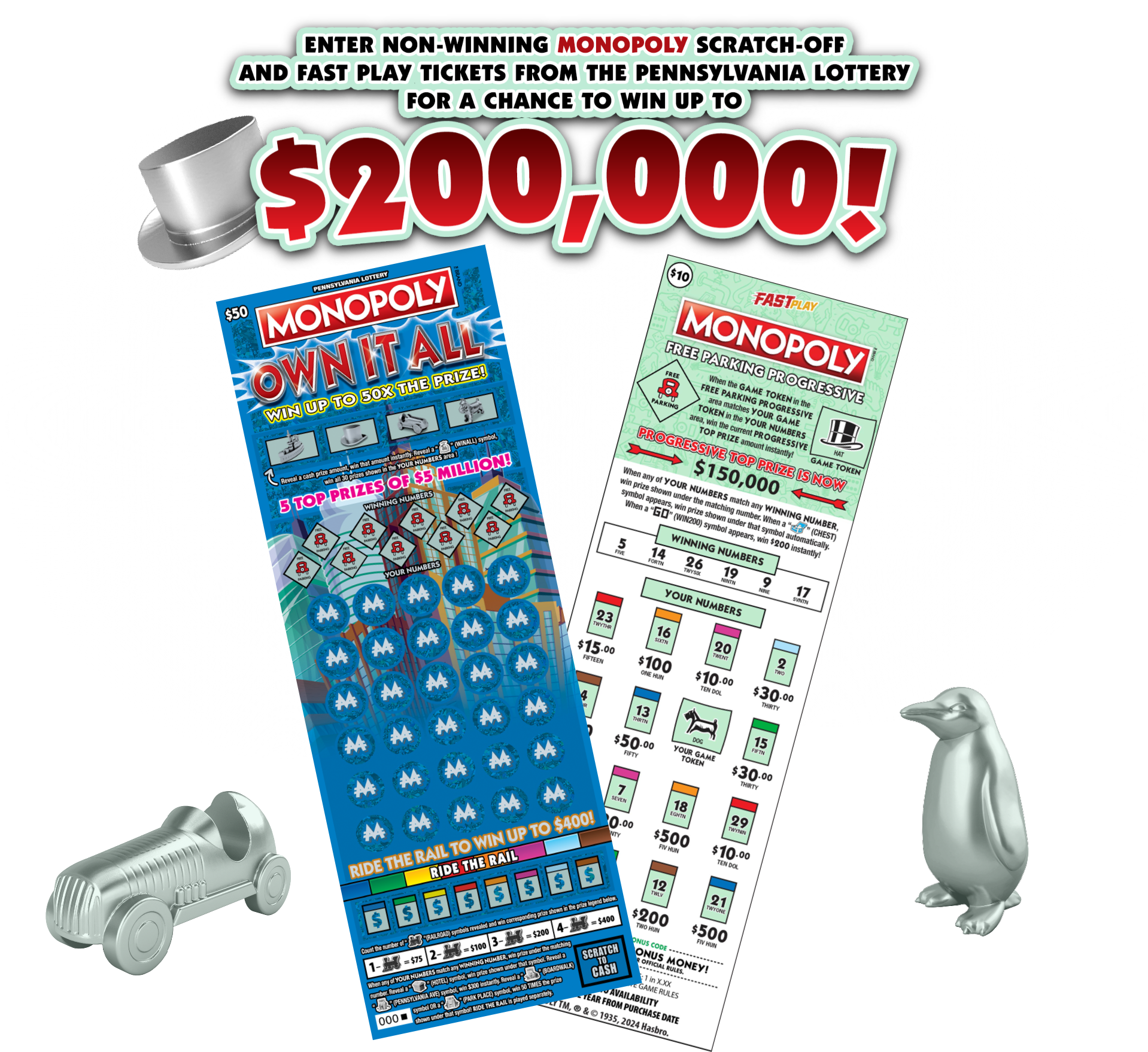 Enter non-winning MONOPOLY Scratch-Off and Fast Play tickets from the Pennsylvania Lottery for a chance to win up to $200,000!