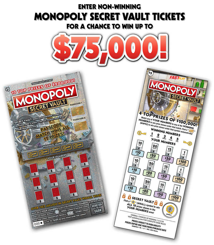 Enter Non-Winning MONOPOLY SECRET VAULT Tickets for a chance to win up to $75,000!