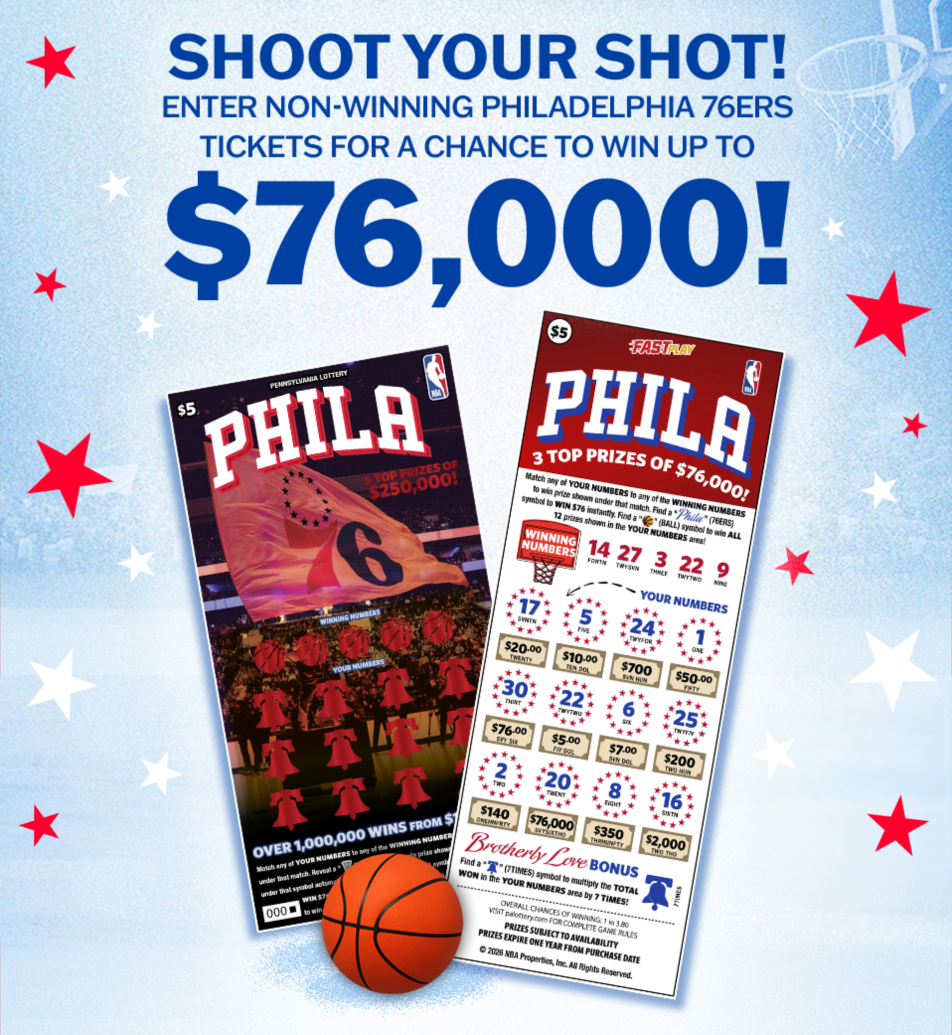 Shoot Your Shot! Enter Non-Winning PHILADELPHIA 76ERS Tickets For A Chance To Win Up To $76,000!