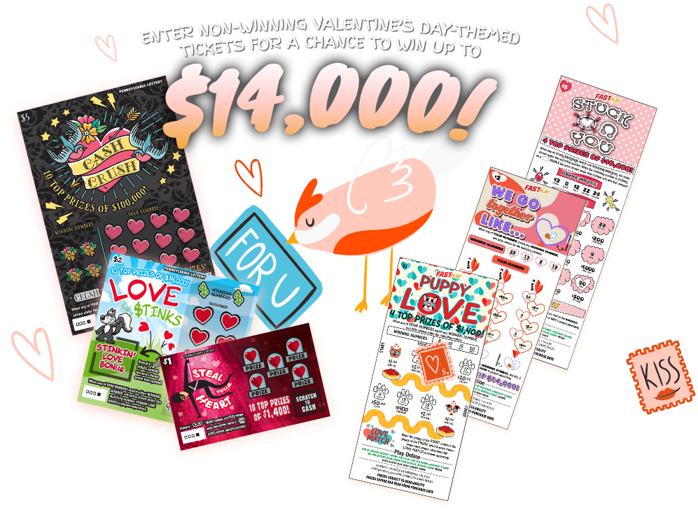 Enter non-winning Valentine's Day-themed tickets for a chance to win up to $14,00